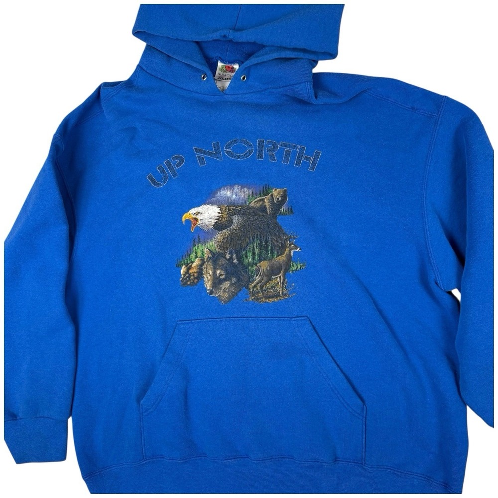 Vintage Fruit of the Loom Mens Wildlife Graphic Hoodie Size 2XL Blue Y2K Outdoor - Picture 11 of 16